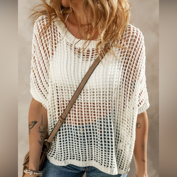 Black Open Weave Crochet Knit Fish net Drop Shoulder Top - Picture 14 of 15